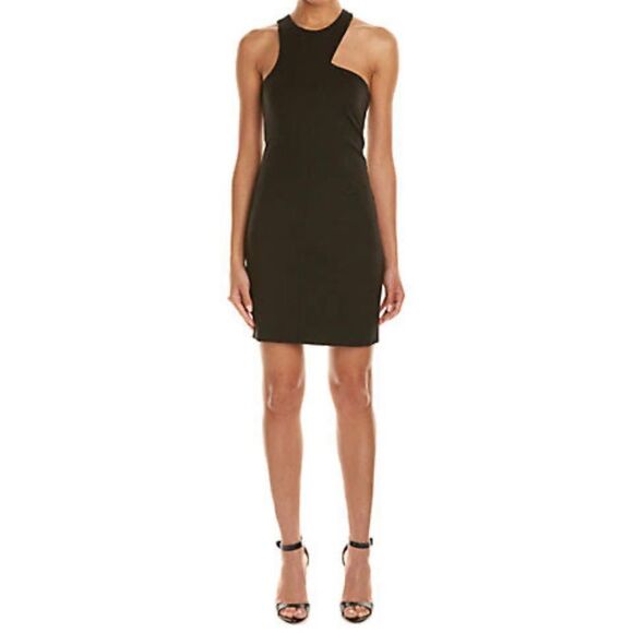 Halston Heritage Black Ponte Cut Out Asymmetrical Sleeveless Bodycon Mini Dress - Picture 1 of 7